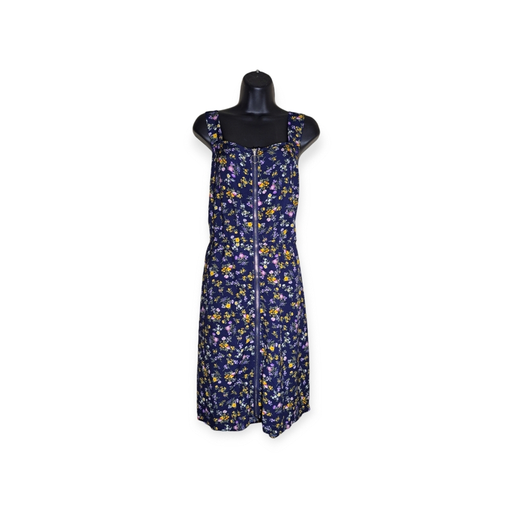 Bloomchic Navy Floral Sleeveless Dress With Front Zipper & Elastic Waist